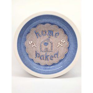 Vintage Clay City Studio Art Pottery Home Baked Quiche Pie Plate Blue Tan Flower